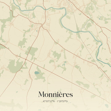 Vintage map of Monni&egrave;res, France.