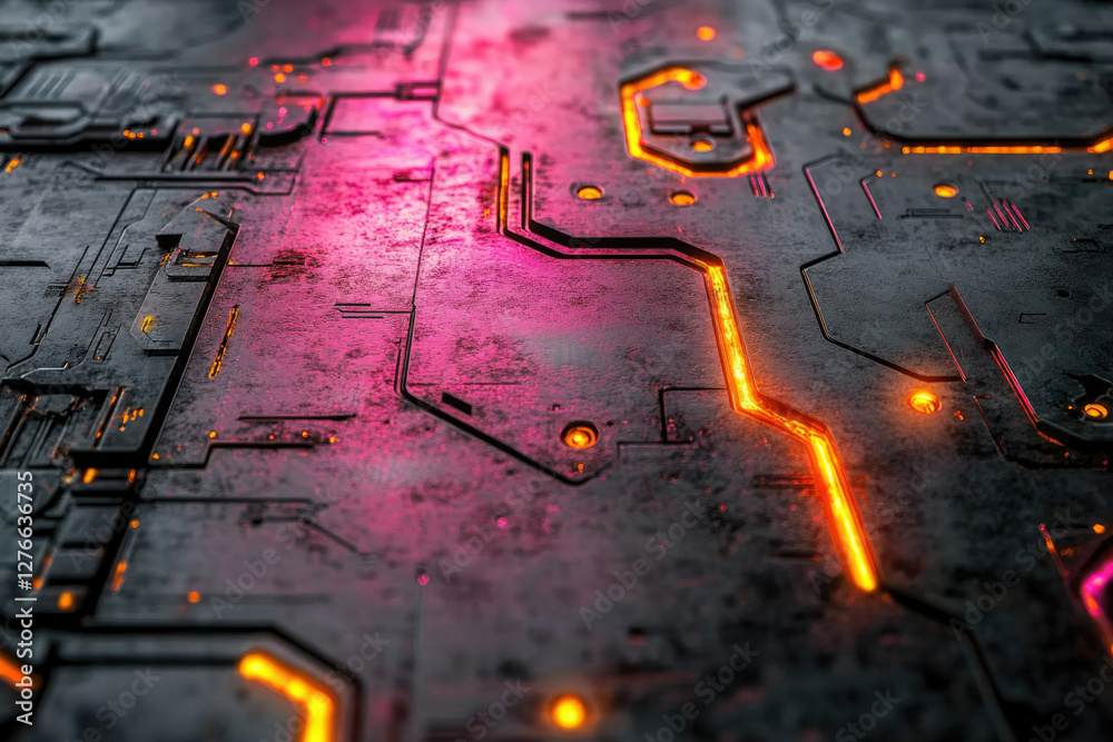 Poster glowing neon lines on a dark metallic surface, resembling a futuristic circuit board.