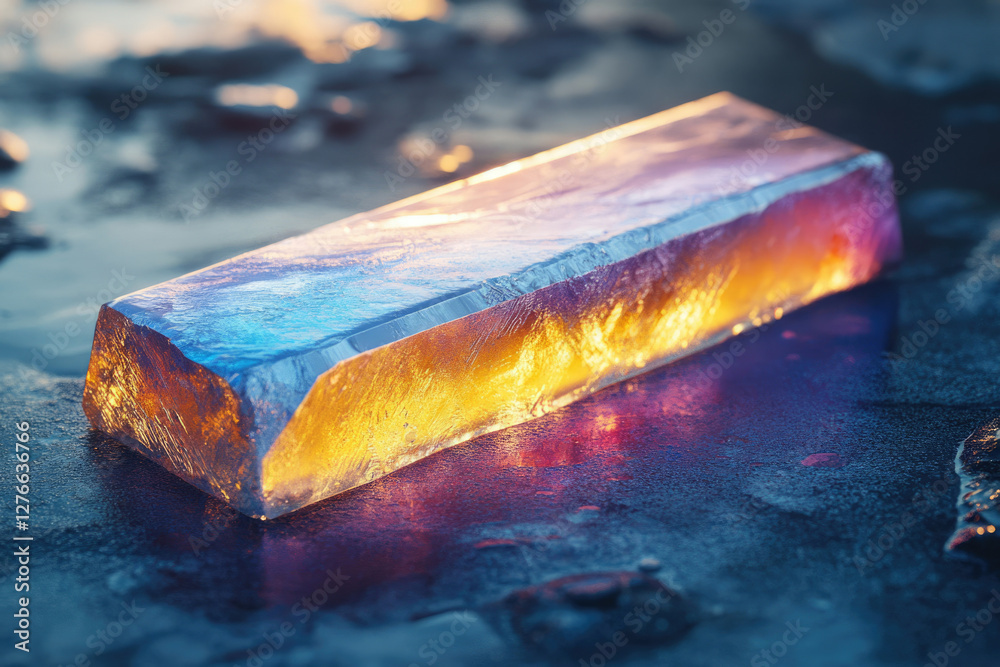 Poster a translucent, prismatic ice block rests on a dark, icy surface, illuminated by warm light.