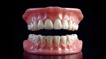Obraz premium Realistic denture model with upper and lower sets on black background