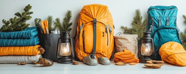 Colorful hiking gear and camping essentials displayed with lanterns and winter clothing