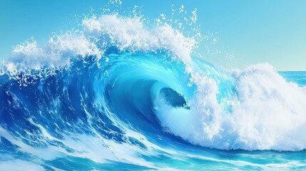 Majestic ocean wave surging under clear blue sky with sunlight gleaming on crest