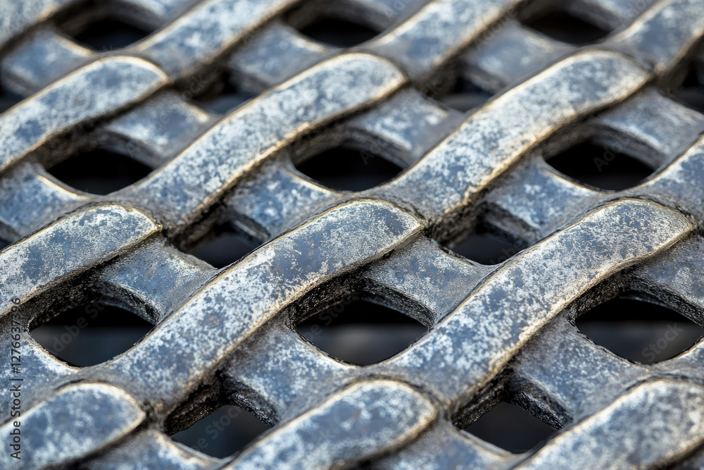 Poster close-up of a weathered, dark metal lattice with a crisscross pattern, showing texture and detail.