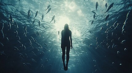 Fototapeta premium A silhouette of a swimmer surrounded by fish in a sunlit underwater scene