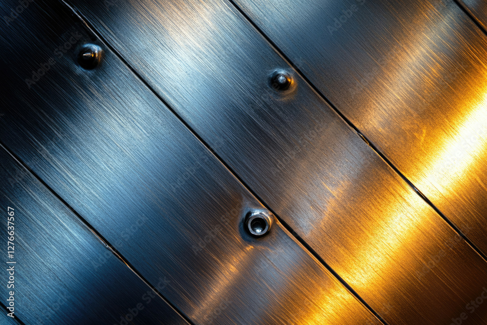 Poster close-up of metallic planks with rivets, illuminated by warm light, creating a textured, industrial 