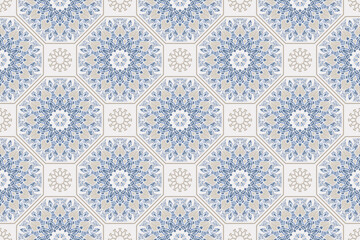 Seamless colorful patchwork. Hand drawn background. Azulejos tiles patchwork. Traditional ornate Portuguese and Spanish decorative tiles azulejos. Abstract background. Ceramic tiles. Vector