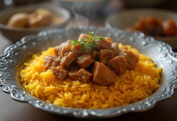  Hearty plate of yellow rice topped with tender meat garnished with fresh herbs