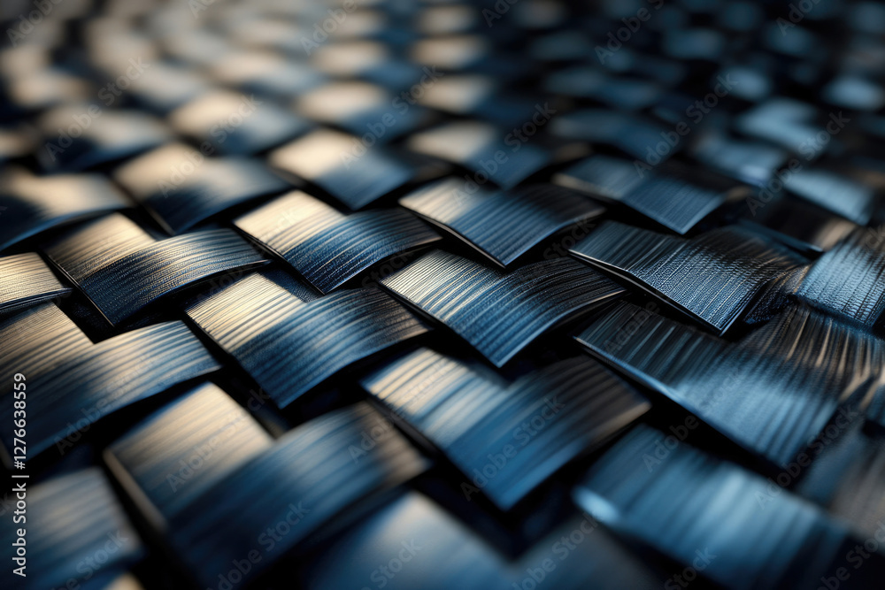 Poster close-up of a dark, interwoven textile with a complex, repeating pattern.