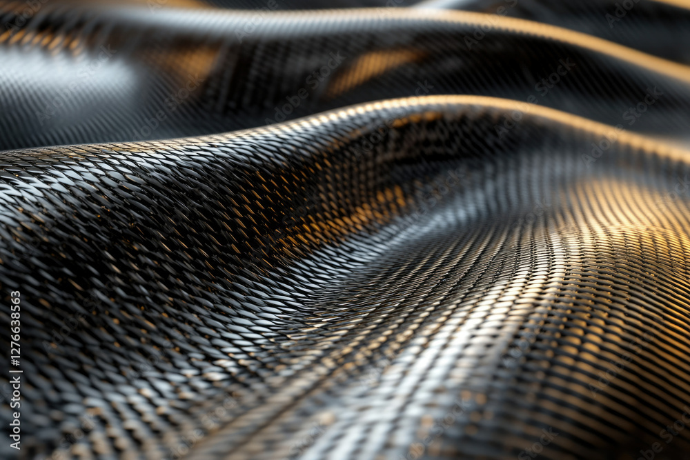 Poster close-up of a dark, woven fabric with a wavy texture, showcasing intricate details and depth.