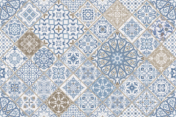 Seamless colorful patchwork. Hand drawn background. Azulejos tiles patchwork. Traditional ornate Portuguese and Spanish decorative tiles azulejos. Abstract background. Ceramic tiles. Vector