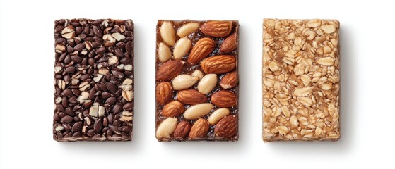 Three protein bars featuring nuts and seeds, showcasing a variety of textures and colors, ideal for healthy snacking.