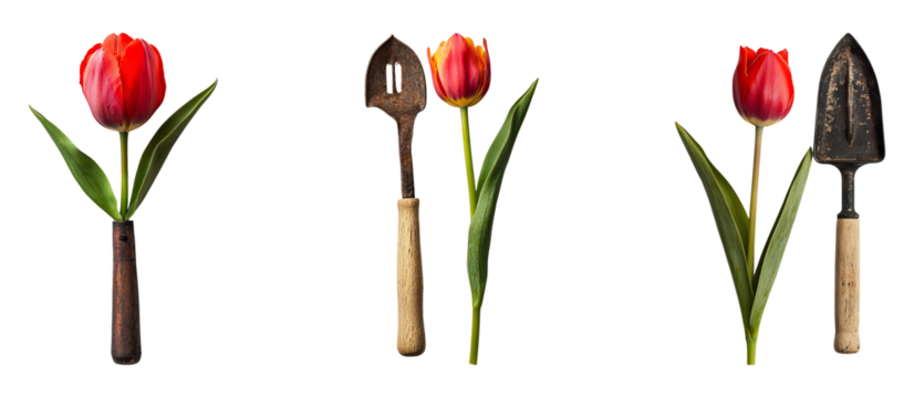 Isolated tulips with gardening tools on a transparent background, ideal for design