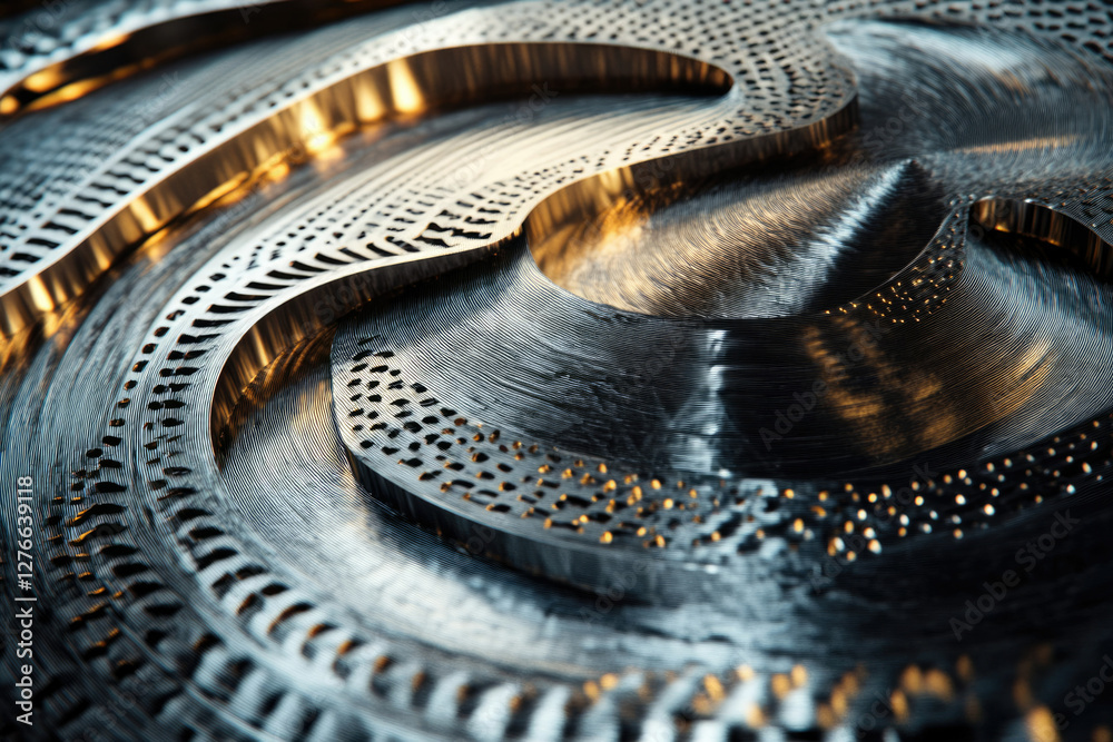 Poster close-up of intricately patterned metallic surface with swirling, layered design and textured detail
