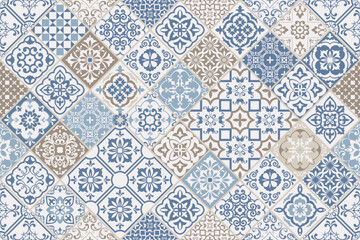 Seamless colorful patchwork. Hand drawn background. Azulejos tiles patchwork. Traditional ornate Portuguese and Spanish decorative tiles azulejos. Abstract background. Ceramic tiles. Vector