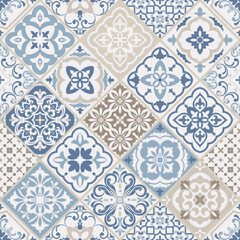Seamless colorful patchwork. Hand drawn background. Azulejos tiles patchwork. Traditional ornate Portuguese and Spanish decorative tiles azulejos. Abstract background. Ceramic tiles. Vector