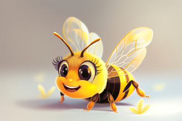 Obraz premium A cheerful cartoon-style bee with a friendly smile and big, expressive eyes
