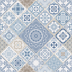 Seamless colorful patchwork. Hand drawn background. Azulejos tiles patchwork. Traditional ornate Portuguese and Spanish decorative tiles azulejos. Abstract background. Ceramic tiles. Vector