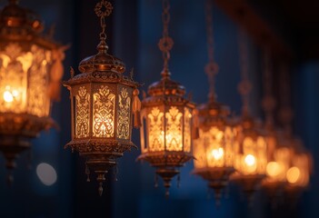 Obraz premium Ornate golden lanterns glowing warmly in a dark setting