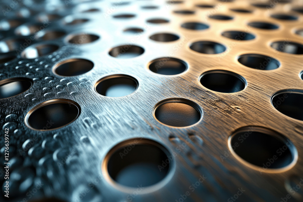 Poster close-up of a metallic surface with regularly spaced circular holes, showcasing a textured, industri