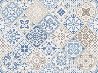 Seamless colorful patchwork. Hand drawn background. Azulejos tiles patchwork. Traditional ornate Portuguese and Spanish decorative tiles azulejos. Abstract background. Ceramic tiles. Vector
