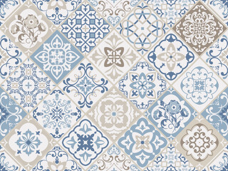 Seamless colorful patchwork. Hand drawn background. Azulejos tiles patchwork. Traditional ornate Portuguese and Spanish decorative tiles azulejos. Abstract background. Ceramic tiles. Vector
