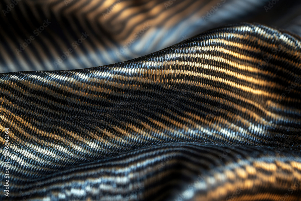 Poster close-up of elegant, textured fabric with a subtle striped pattern in dark and gold tones.