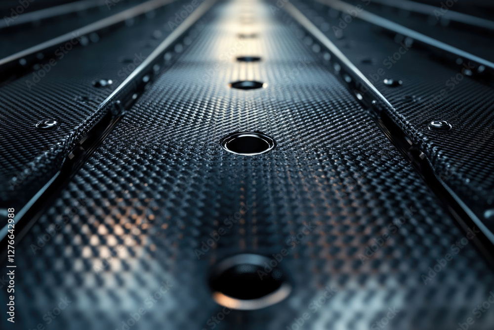 Aufkleber A close-up view of a dark, textured surface with repeating patterns and circular holes, creating a futuristic and industrial aesthetic.