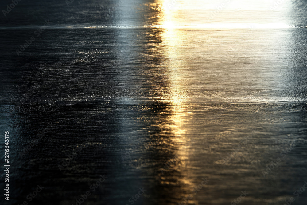 Poster a dark, textured surface reflects light, creating a gradient of golden hues.