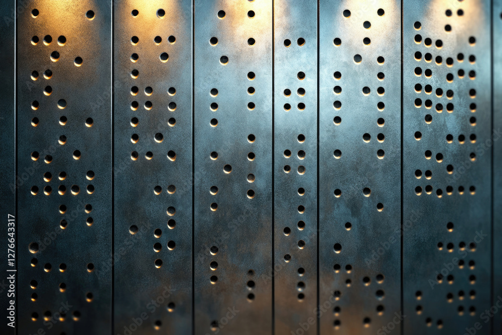 Poster metal plate with pattern of holes, resembling code or data, illuminated with warm light.