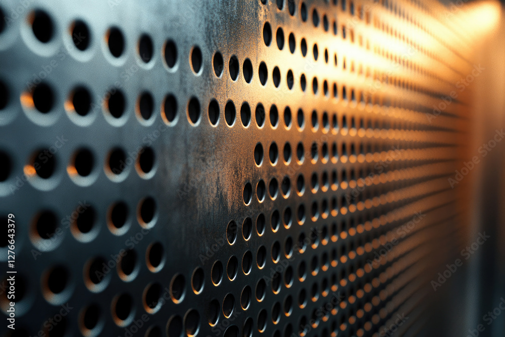 Poster A textured metallic surface with regularly spaced circular perforations, illuminated by warm light.