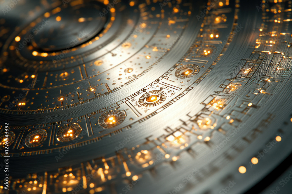 Poster intricate metallic disc with glowing circuitry, resembling futuristic technology or a spacecraft com