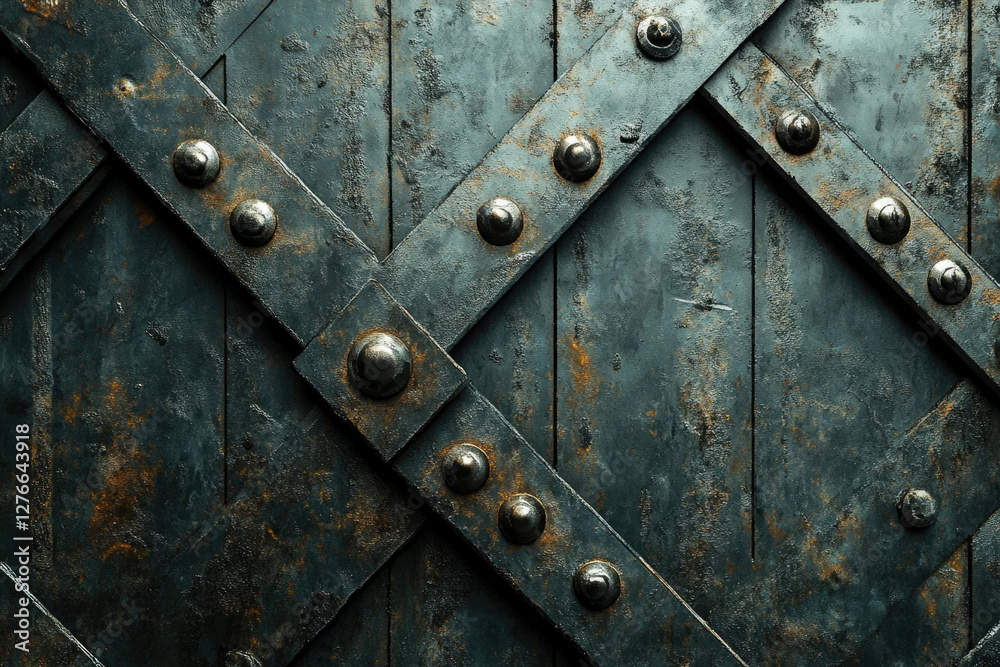 Poster rustic metal gate with diagonal cross beams, riveted and showing age and texture.