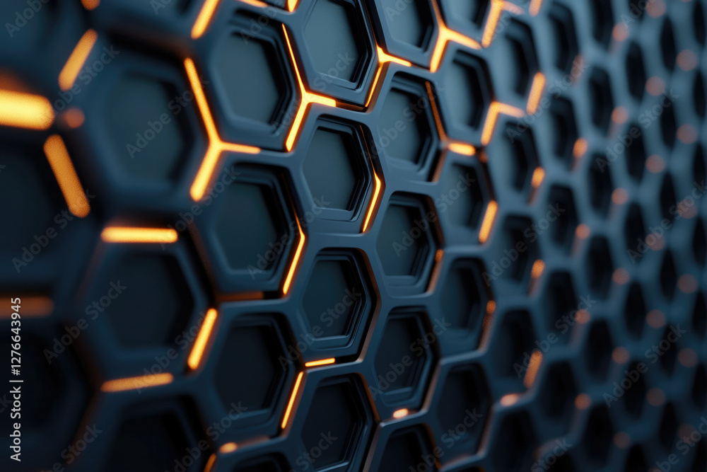 Poster Abstract 3D render of a dark honeycomb pattern with glowing orange edges.