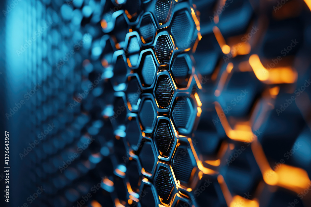 Poster abstract hexagonal metal structure with blue and orange glow, futuristic design.