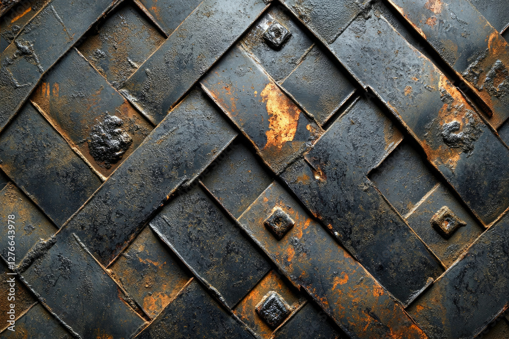 Poster Rustic dark metal woven pattern with orange rust accents, creating a textured background.