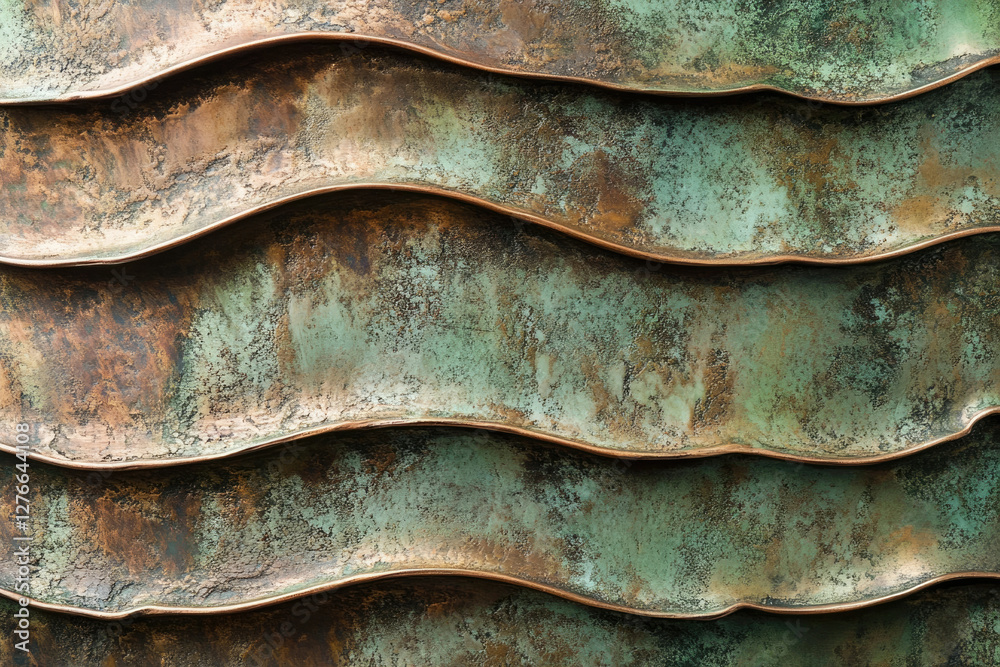 Poster abstract textured background of wavy, aged bronze metal with a green patina, showing layers and dept