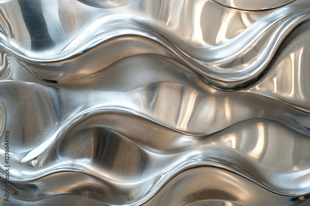 Aufkleber abstract image of wavy, polished, metallic surface; gleaming silver texture with flowing curves.