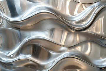 Abstract image of wavy, polished, metallic surface; gleaming silver texture with flowing curves.