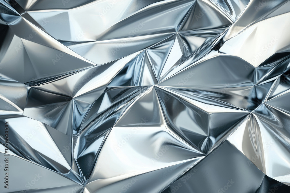 Poster abstract image of crumpled metallic surface with reflective, geometric shapes and folds.