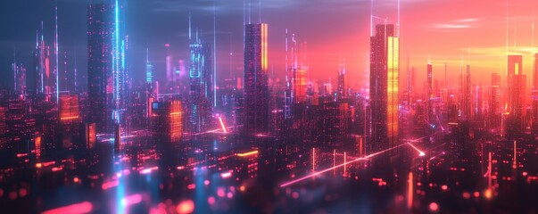 Futuristic neon cityscape at dusk with glowing skyscrapers and digital grid