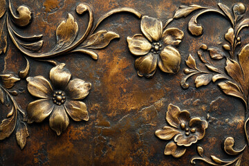 Ornate bronze floral design embossed on a dark textured background, showcasing intricate detailing and a vintage aesthetic.