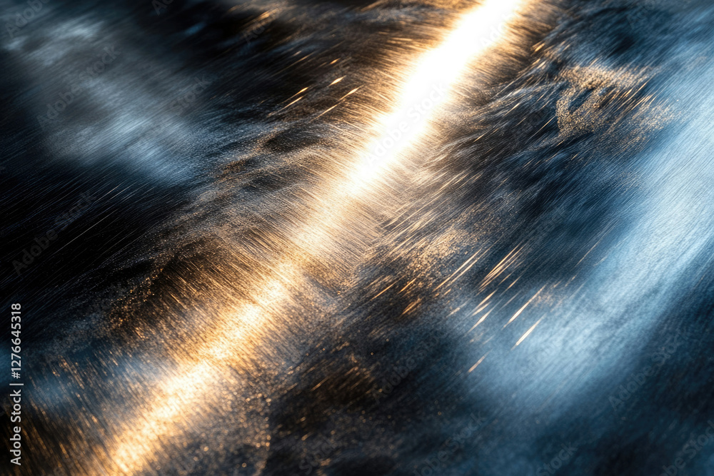 Poster striated metallic surface reflecting light, creating a dynamic interplay of gold and blue hues.