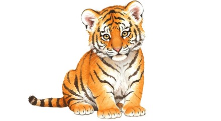 Naklejka premium Cute Tiger Cub Illustration Sitting Down - Wildlife Animal Art
