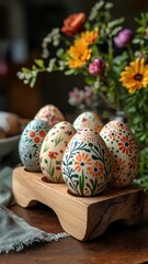 Fototapeta premium Hand-painted Easter eggs with intricate floral patterns placed on wooden egg holder, organic and sustainable holiday aesthetic