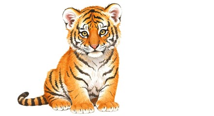 Obraz premium Cute Tiger Cub Sitting Isolated on White Background Animal Illustration