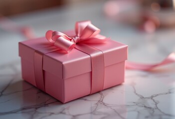 Pink gift box with a matching ribbon bow placed on a marble surface with pink flowers in the background, perfect for special occasions and celebrations