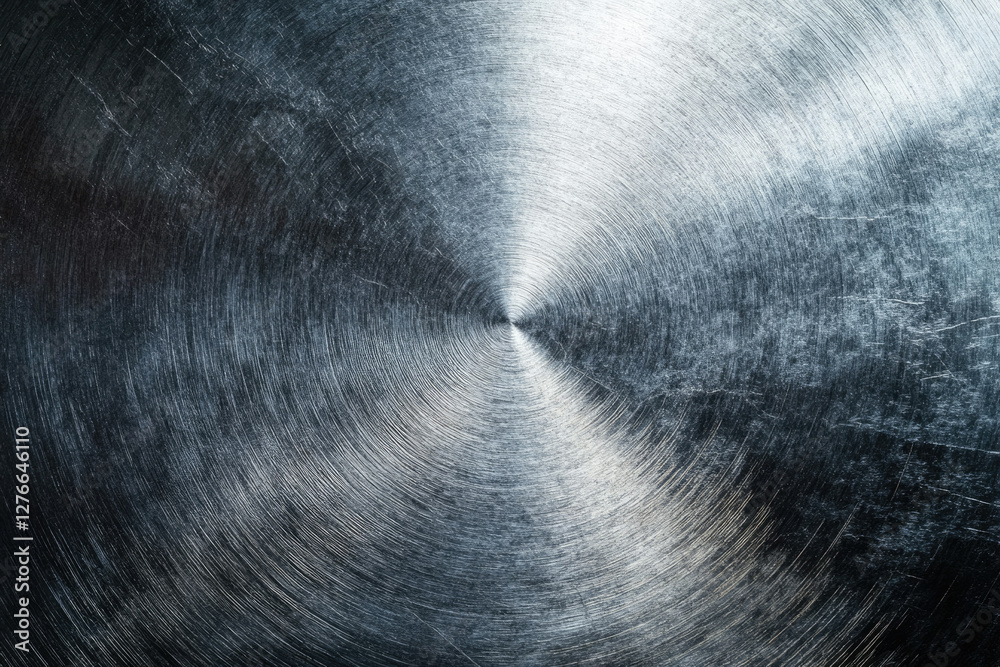 Poster Circular brushed metal texture with concentric lines and scratches, showing a metallic surface.