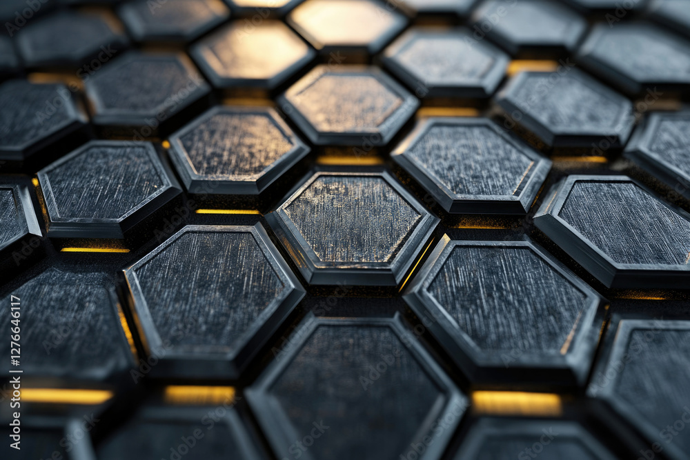 Poster Dark metallic hexagonal pattern with glowing edges, futuristic and abstract.