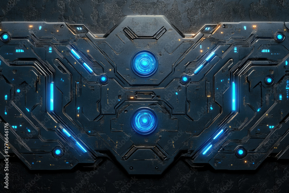 Poster futuristic dark gray metallic panel with glowing blue circuit lines and nodes.