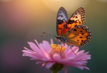 Obraz premium Butterfly perched on a fully bloomed pink rose with vibrant yellow-orange wings, set against a warm, glowing backdrop ideal for nature and floral-themed designs